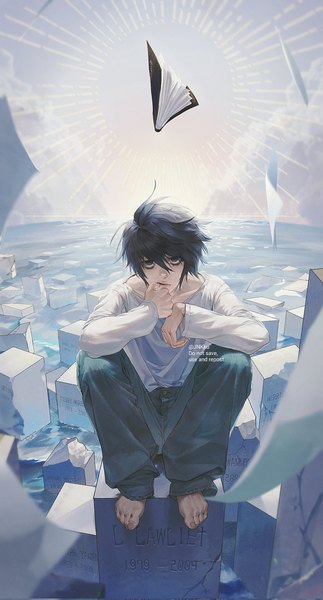 Anime picture 1101x2048 with death note madhouse l (death note) jnkku single tall image looking at viewer fringe short hair black hair hair between eyes full body barefoot black eyes squat horizon boy water book (books) tombstone