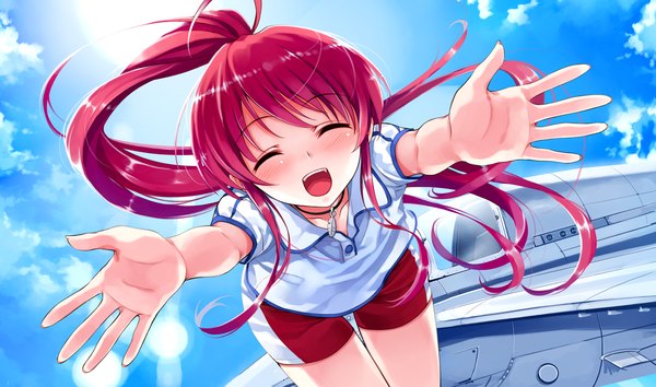 Anime picture 2048x1210 with suiheisen made nan mile? miyamae tomoka misaki kurehito single long hair fringe highres open mouth smile wide image sky cloud (clouds) outdoors ponytail red hair eyes closed happy spread arms girl uniform