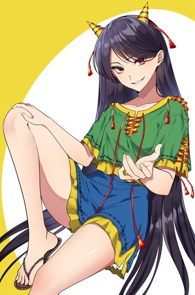 Anime picture 2677x4039 with touhou nippaku zanmu kamenozoki momomo single tall image looking at viewer highres black hair simple background smile red eyes sitting very long hair horn (horns) bare legs outstretched hand hand on knee girl tassel