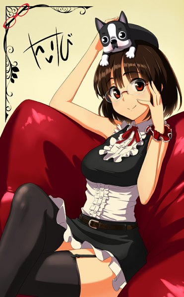 Anime picture 618x1000 with original takebi single tall image looking at viewer short hair black hair smile red eyes crossed legs girl thighhighs dress black thighhighs animal glasses dog