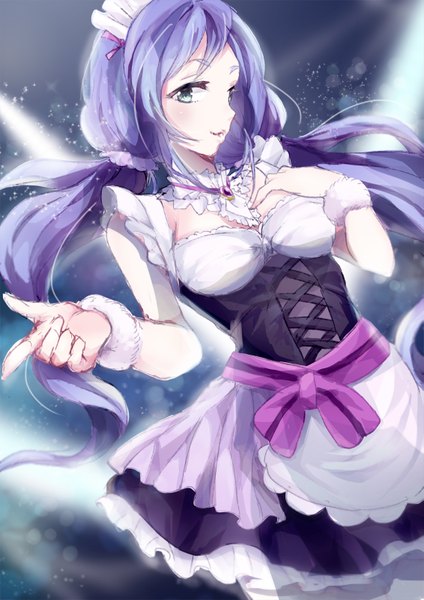 Anime picture 1131x1600 with love live! school idol project sunrise (studio) love live! toujou nozomi imo0x0 single long hair tall image looking at viewer blush breasts open mouth blue eyes twintails purple hair maid low twintails pointing girl headdress