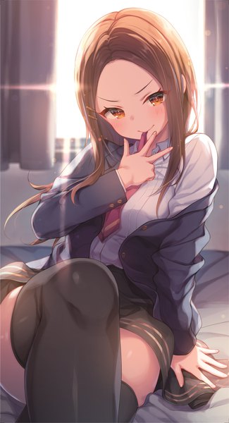 Anime picture 1527x2816 with liar liar konomi (kino konomi) single long hair tall image looking at viewer blush smile brown hair sitting holding brown eyes indoors long sleeves head tilt blurry arm support crossed legs mouth hold revision