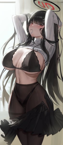 Anime picture 2683x6114 with blue archive rio (blue archive) black c (net dust) single long hair tall image looking at viewer fringe highres breasts light erotic black hair red eyes standing holding indoors blunt bangs long sleeves mole arms up