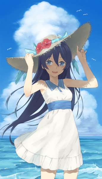 Anime picture 862x1500 with love live! school idol project sunrise (studio) love live! sonoda umi hayashi kewi single long hair tall image looking at viewer blush open mouth blue eyes blue hair sky cloud (clouds) girl dress flower (flowers) hat sundress