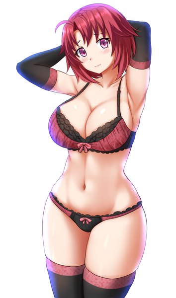 Anime picture 1200x2030 with goblin slayer! cow girl (goblin slayer!) kazenokaze single tall image looking at viewer blush fringe short hair breasts light erotic simple background large breasts standing white background purple eyes cleavage red hair head tilt arms up