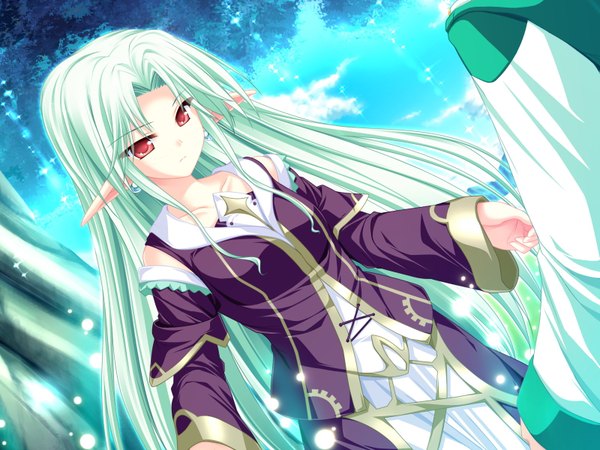 Anime picture 1600x1200 with magus tale whirlpool (studio) cecile absentia tenmaso long hair red eyes game cg sky cloud (clouds) green hair pointy ears spread arms girl plant (plants) detached sleeves earrings tree (trees) insect fireflies