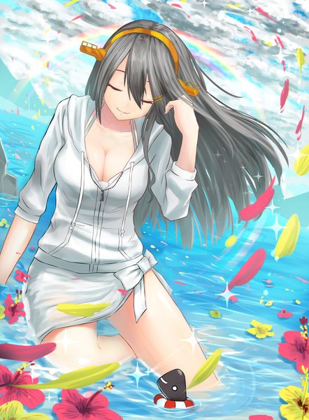 Anime picture 2952x4008 with kantai collection haruna battleship ro-class destroyer harukana (harukana 10) single long hair tall image fringe highres breasts black hair smile hair between eyes large breasts sitting sky cleavage cloud (clouds) bent knee (knees) eyes closed