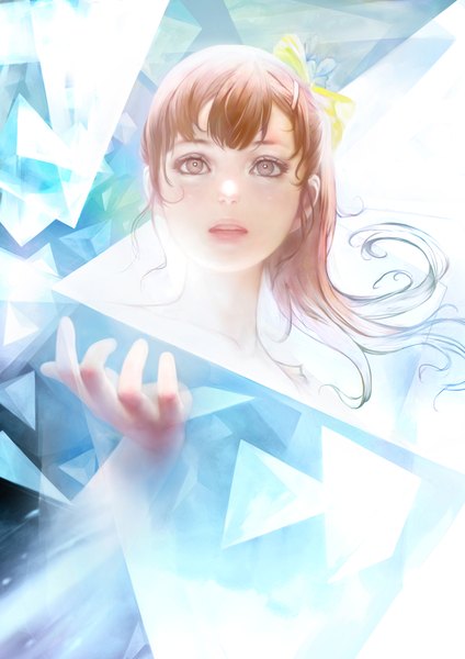 Anime picture 787x1114 with original mujiha (mlog) single long hair tall image blush fringe open mouth brown hair bare shoulders brown eyes wind lips from below shiny skin side ponytail abstract girl hair ornament bow