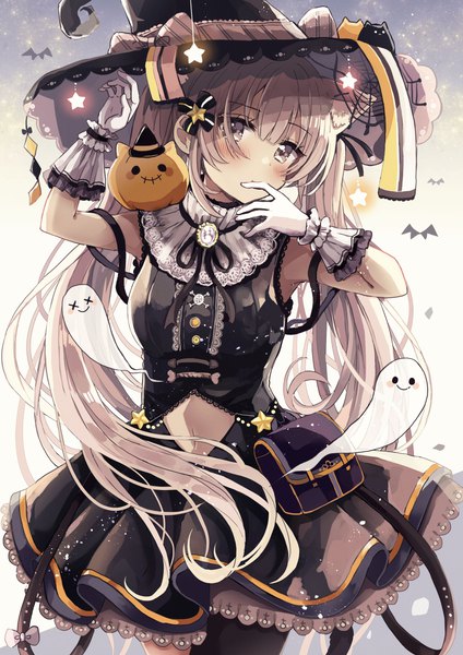 Anime picture 2894x4093 with original sakura oriko single long hair tall image blush highres standing twintails animal ears looking away grey hair bare belly grey eyes halloween ghost girl gloves hat white gloves