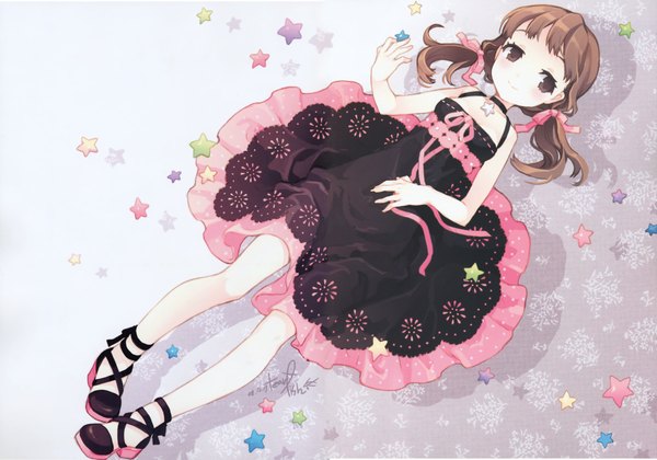 Anime picture 8555x5999 with persona 4 persona doujima nanako tearfish single highres brown hair twintails brown eyes absurdres lying scan loli girl dress ribbon (ribbons) star (symbol)