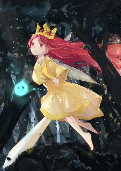Anime picture 1240x1754 with child of light aurora (child of light) fukai single tall image blush red eyes looking away red hair very long hair barefoot wind bare legs flying ghost weightlessness insect wings girl dress gloves