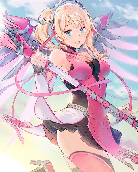 Anime picture 1500x1873 with overwatch blizzard entertainment mercy (overwatch) pink mercy lino chang single long hair tall image looking at viewer blush light erotic blonde hair twintails bare shoulders signed sky cleavage cloud (clouds) nail polish parted lips