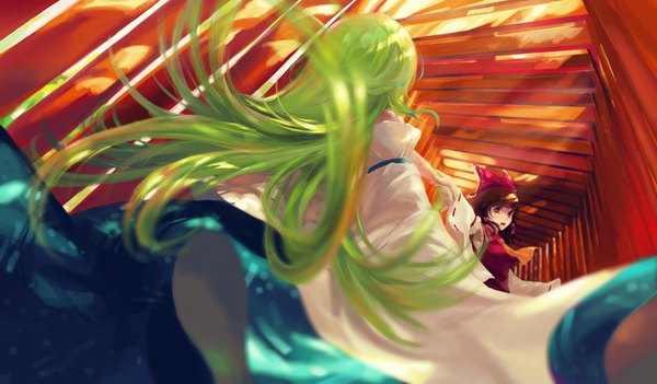 Anime picture 1600x936 with touhou hakurei reimu kochiya sanae jq long hair black hair red eyes wide image bare shoulders multiple girls looking back green hair blurry depth of field miko girl bow 2 girls hair bow detached sleeves