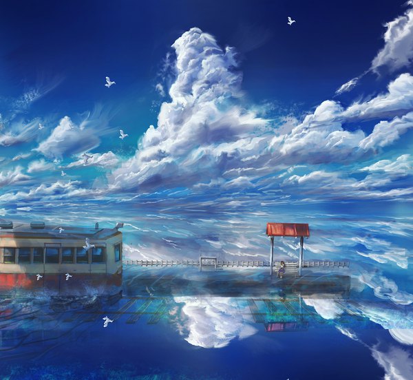 Anime picture 2500x2300 with original kenzo 093 single long hair highres brown hair standing sitting sky cloud (clouds) outdoors from above reflection scenic girl skirt animal shirt water white shirt