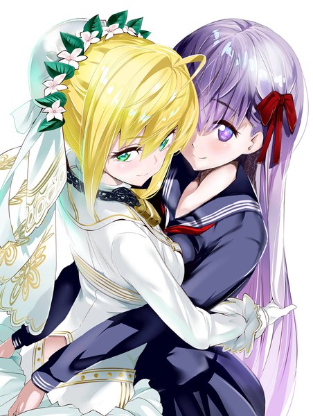 Anime picture 900x1193 with fate (series) fate/extra fate/extra ccc nero claudius (fate) (all) matou sakura nero claudius (bride) (fate) tukamori syuuji long hair tall image looking at viewer blush fringe short hair breasts blonde hair hair between eyes purple eyes multiple girls green eyes purple hair