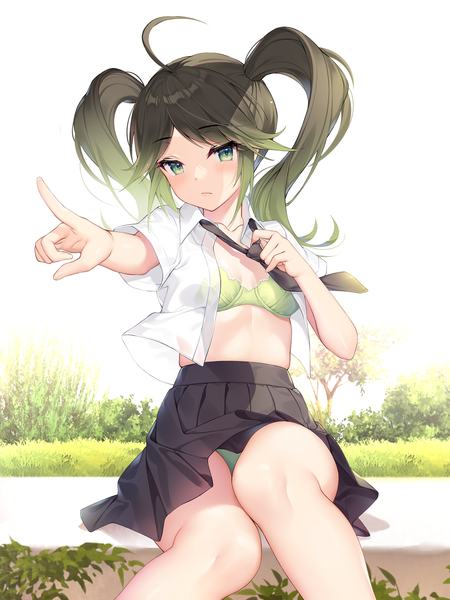 Anime picture 1000x1333 with original uosaasou single long hair tall image looking at viewer blush fringe breasts light erotic sitting twintails green eyes payot ahoge outdoors pleated skirt green hair short sleeves pantyshot
