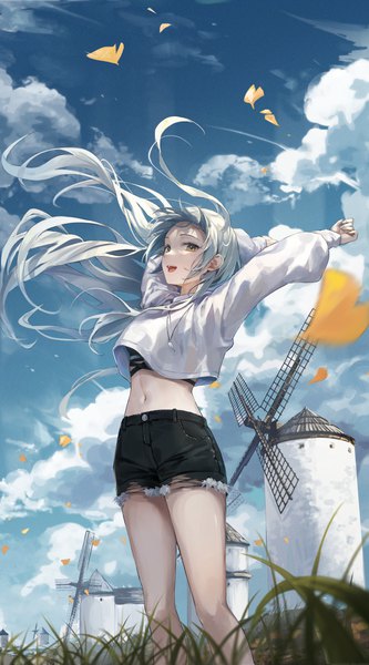 Anime picture 2000x3600 with original ekina (1217) single long hair tall image looking at viewer fringe highres open mouth smile standing yellow eyes sky silver hair cloud (clouds) long sleeves :d wind arms up midriff