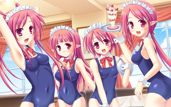 Anime picture 1920x1200 with dungeon and fighter mage (dungeon and fighter) miu (c blue) long hair highres short hair open mouth light erotic smile red eyes wide image multiple girls red hair pointy ears maid girl swimsuit headdress maid headdress one-piece swimsuit