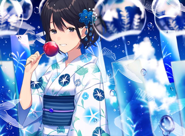 Anime picture 900x659 with original achiki single looking at viewer fringe short hair black hair smile hair between eyes upper body traditional clothes japanese clothes black eyes floral print girl hair ornament animal food obi fish (fishes)