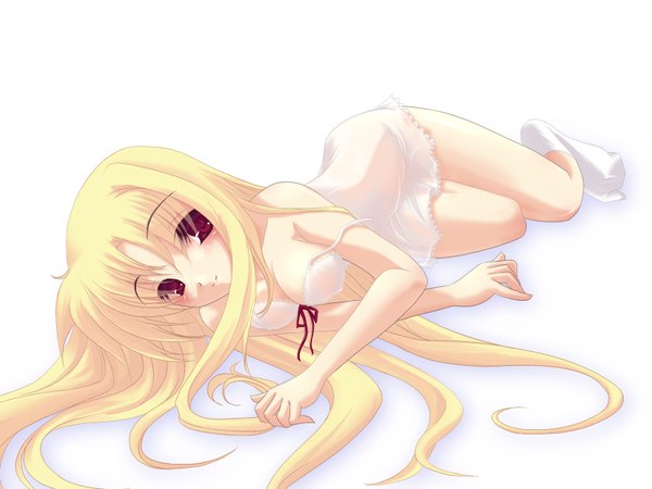 Anime picture 1600x1200 with mahou shoujo lyrical nanoha fate testarossa light erotic blonde hair red eyes white background underwear only girl underwear transparent clothing