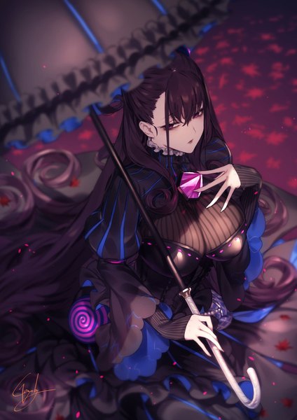 Anime picture 990x1400 with fate (series) fate/grand order murasaki shikibu (fate) kyouya (mukuro238) single tall image fringe breasts light erotic black hair hair between eyes large breasts sitting signed payot looking away very long hair from above hand on chest girl