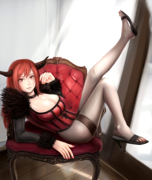 Anime picture 1199x1424 with maoyuu maou yuusha arms corporation maou (maoyuu) moekyon single long hair tall image looking at viewer breasts light erotic smile red eyes sitting cleavage red hair nail polish horn (horns) high heels legs up girl
