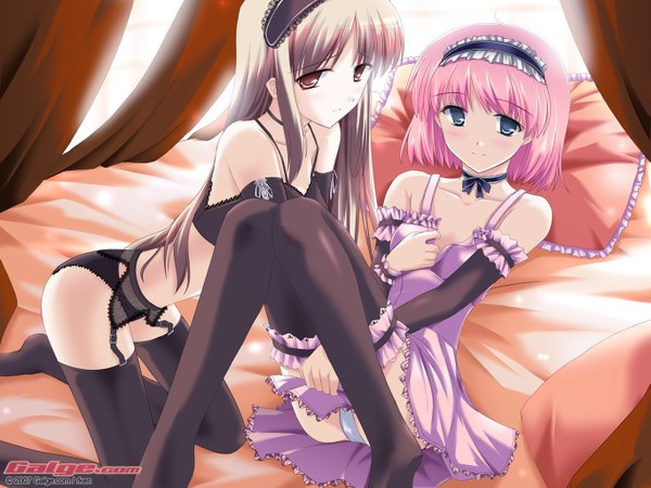 Anime picture 1365x1024 with galge.com tagme (artist) long hair looking at viewer blush short hair light erotic brown hair bare shoulders multiple girls brown eyes pink hair aqua eyes light smile reclining on all fours girl thighhighs underwear panties