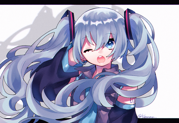 Anime picture 2505x1729 with vocaloid hatsune miku tsubaki tsubaru single long hair looking at viewer fringe highres open mouth simple background hair between eyes white background twintails signed upper body one eye closed aqua eyes aqua hair official art teeth