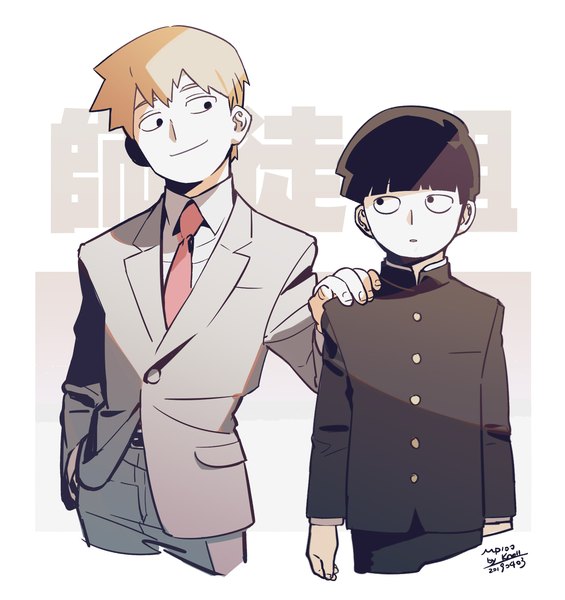 Anime picture 1600x1700 with mob psycho 100 studio bones kageyama shigeo reigen arataka knoll the plaid tall image fringe short hair black hair blonde hair smile standing looking away upper body blunt bangs black eyes multiple boys hand in pocket hand on another's shoulder boy