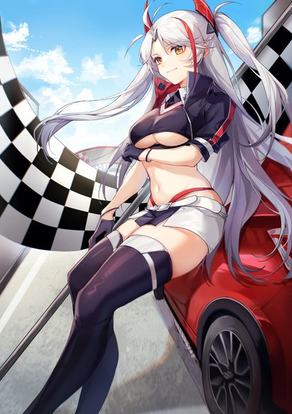 Anime picture 1750x2480 with azur lane prinz eugen (azur lane) prinz eugen (final lap) (azur lane) yunweishukuang single long hair tall image highres breasts light erotic smile large breasts yellow eyes looking away sky silver hair cloud (clouds) ahoge multicolored hair two side up