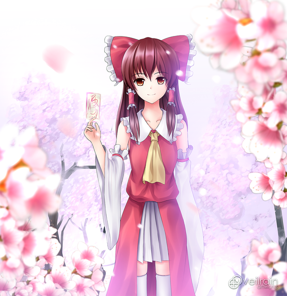 Anime picture 1084x1120 with touhou hakurei reimu veilrain single long hair tall image looking at viewer red eyes brown hair cherry blossoms girl thighhighs bow plant (plants) hair bow detached sleeves petals white thighhighs tree (trees) ofuda