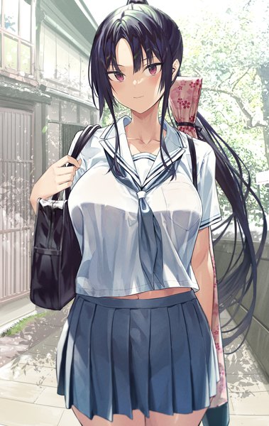 Anime picture 3848x6089 with original hiiragi yuuichi single long hair tall image looking at viewer blush fringe highres breasts black hair smile large breasts standing absurdres outdoors ponytail pleated skirt pink eyes short sleeves