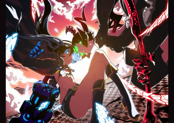 Anime picture 2000x1414 with black rock shooter black rock shooter (character) dead master long hair highres open mouth blue eyes black hair multiple girls horn (horns) green hair magic glowing glowing eye (eyes) battle girl navel weapon 2 girls shorts