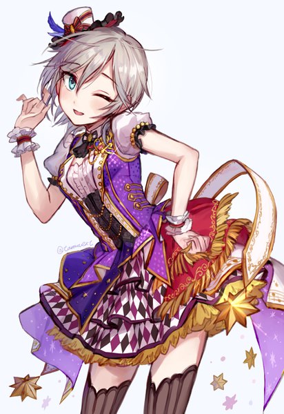 Anime picture 1932x2814 with idolmaster idolmaster cinderella girls idolmaster cinderella girls starlight stage anastasia (idolmaster) tamaext single tall image looking at viewer blush highres short hair open mouth simple background standing white background signed silver hair one eye closed wink puffy sleeves
