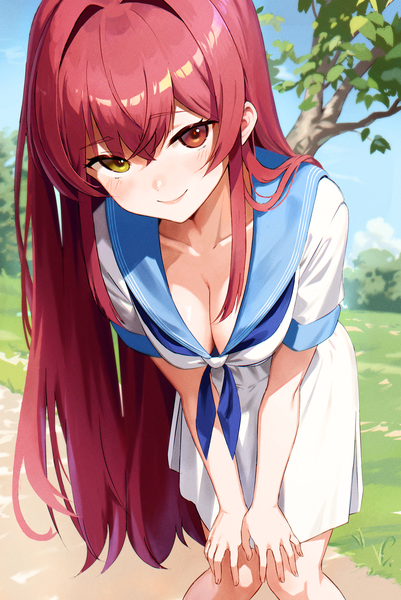 Anime picture 2454x3675 with virtual youtuber hololive houshou marine meme tesshin single long hair tall image looking at viewer blush fringe highres breasts light erotic smile hair between eyes red eyes large breasts standing yellow eyes sky