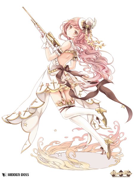 Anime picture 800x1066 with original kamui (kamuikaoru) single long hair tall image looking at viewer blush simple background white background bare shoulders holding pink hair bent knee (knees) head tilt pink eyes looking back high heels wavy hair bare back girl