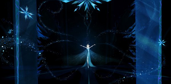 Anime picture 2500x1240 with frozen (disney) disney elsa (frozen) wavesheep long hair highres blonde hair wide image standing braid (braids) lips magic single braid black background looking up spread arms snow pale skin girl dress