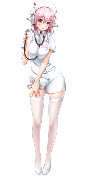 Anime picture 600x1200 with nitroplus super sonico v-mag single long hair tall image looking at viewer blush breasts open mouth light erotic pink hair full body pink eyes pantyshot transparent background nurse girl thighhighs uniform