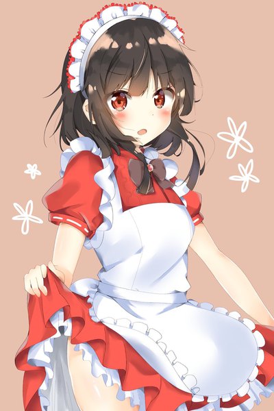 Anime picture 1024x1536 with kono subarashii sekai ni shukufuku wo! studio deen megumin miyu19996513 single tall image looking at viewer blush short hair open mouth light erotic black hair simple background red eyes maid alternate costume puffy sleeves lens flare dress lift brown background