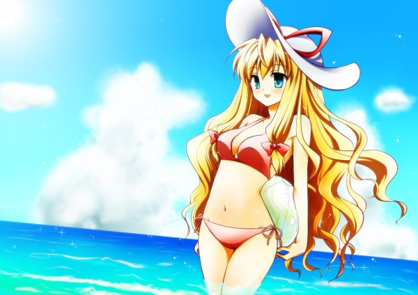 Anime picture 1200x848 with touhou yakumo yukari blue eyes light erotic blonde hair curly hair girl swimsuit hat bikini