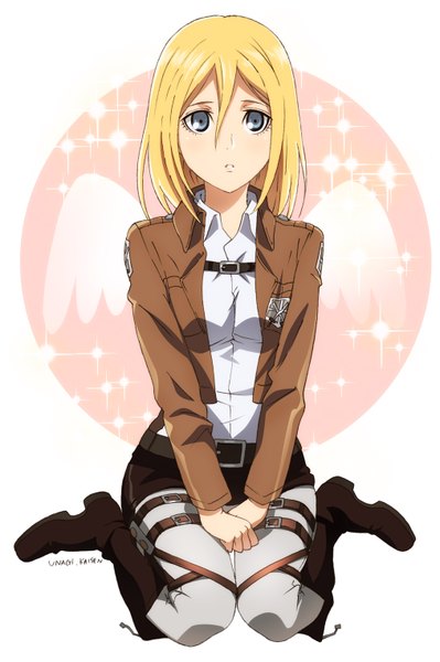 Anime picture 1013x1524 with shingeki no kyojin production i.g krista lenz kaisen single tall image short hair blue eyes blonde hair open clothes open jacket girl wings boots