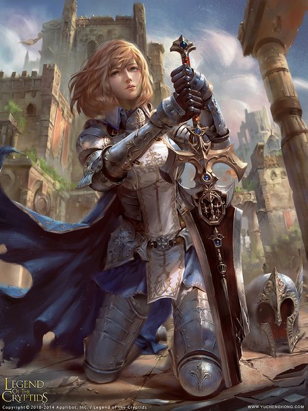 Anime picture 713x950 with legend of the cryptids yu cheng hong single tall image fringe short hair breasts blonde hair sky cloud (clouds) outdoors parted lips wind lips kneeling knight broken weapon girl weapon sword