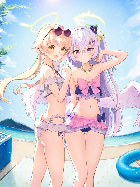 Anime picture 1500x2000 with blue archive hifumi (blue archive) azusa (blue archive) azusa (swimsuit) (blue archive) hifumi (swimsuit) (blue archive) sauvignon long hair tall image looking at viewer blush fringe breasts open mouth light erotic blonde hair hair between eyes standing purple eyes multiple girls yellow eyes