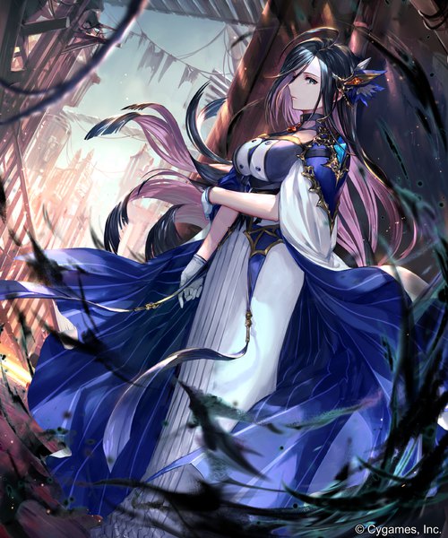 Anime picture 1050x1260 with shadowverse illganeau horror astray irua single long hair tall image looking at viewer black hair standing green eyes sky purple hair ahoge outdoors profile multicolored hair wind two-tone hair dutch angle copyright name