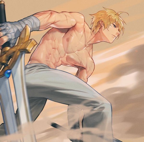 Anime picture 2739x2700 with lord of heroes johan talede haje single highres short hair blonde hair looking away scar topless muscle abs boy weapon sword bandage (bandages)
