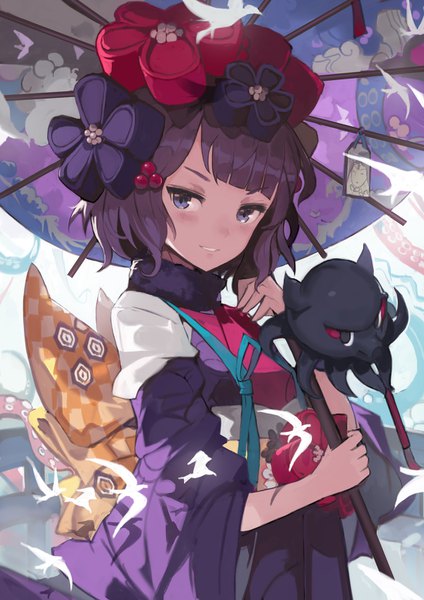 Anime picture 1100x1556 with fate (series) fate/grand order katsushika hokusai (fate/grand order) tokitarou (fate/grand order) alchemaniac single tall image looking at viewer blush fringe short hair blue eyes purple hair traditional clothes japanese clothes girl hair ornament kimono umbrella obi