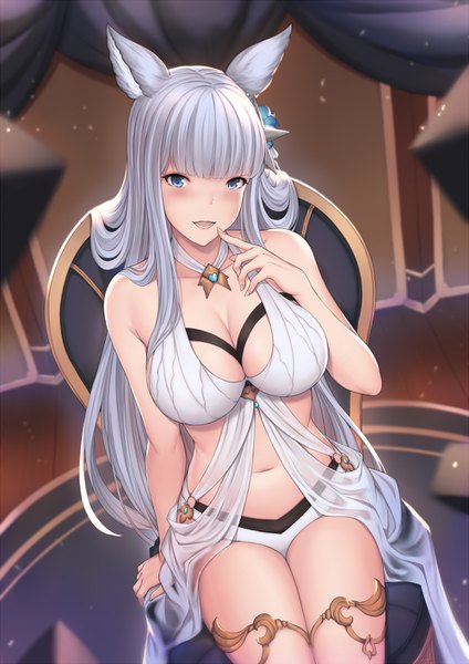 Anime picture 1000x1414 with granblue fantasy korwa (granblue fantasy) pak ce single long hair tall image looking at viewer blush fringe breasts open mouth blue eyes light erotic smile large breasts sitting bare shoulders animal ears payot silver hair
