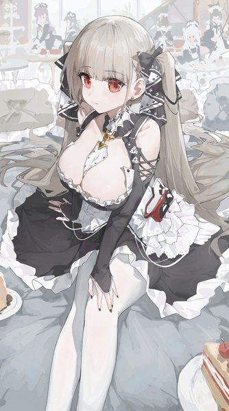Anime picture 2096x3765 with azur lane formidable (azur lane) sentter tall image looking at viewer fringe highres breasts light erotic red eyes large breasts sitting twintails bare shoulders multiple girls indoors blunt bangs long sleeves very long hair nail polish
