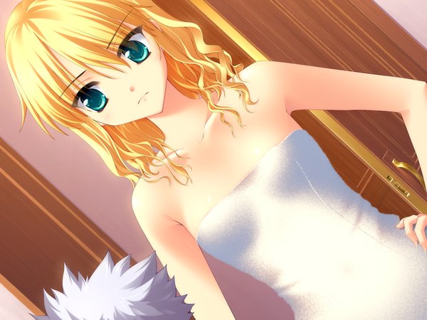 Anime picture 1024x768 with honey coming tagaya marino light erotic blonde hair green eyes game cg naked towel girl towel