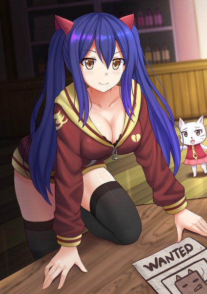 Anime picture 1200x1697 with fairy tail wendy marvell charle (fairy tail) kazenokaze single long hair tall image looking at viewer blush fringe breasts light erotic smile hair between eyes large breasts twintails brown eyes cleavage purple hair indoors